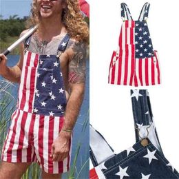 Summer Unisex American Flag Print Double Shoulder Strap Denim Playsuits Woman Pockets Button Rompers Womens Jumpsuit Plus Size 210604