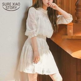 Elegant Lace Dress Office Women White A-Line Dress Half Sleeve Elastic Waist Harajuku Vestidos Korean Style Robe Mujer 12106 210527