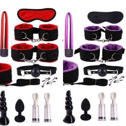 Nxy Sm Bondage Vrdios Sex Products for Women Bdsm Set Handcuffs Dildo Vibrator Butt Anal Plug Whip Slave Games Toys Restraints Kits 1223