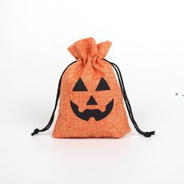 Halloween Linen Drawstring Gift Wrap Bag Candy Bags Pumpkin Witch Decoration Pouch For Spider Bat Skull Design LLD10316