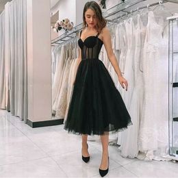 -2021 New Black Prom Dress Spaghetti Strap Polka Dot Tüll Tee Länge formale Partykleider Kurzer Vestido de Festa Kleider Elegant
