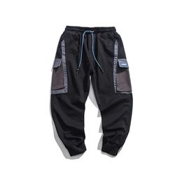 Mens Cargo Pants Big Pocket Elastic Waist High Streetwear Harajuku Pant Baggy Males Contrast Color Casual Trousers 210603