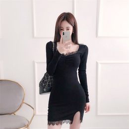 fall black Sexy Lace korean ladies Long SLeeve V neck Nightclub tight Dress for women china clothing 210602