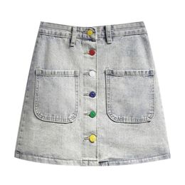 Denim Mini Skirt Colourful Buttons High Street Empire Sweet Blue Pocket S0218 210514