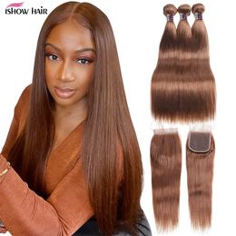 Ishow Ombre Colour Hair Weaves Weft Extensions 3 Bundles with Lace Closure 30 T1B/27 T1B/99J Body Wave Human Hair Straight Brown 2# 4#