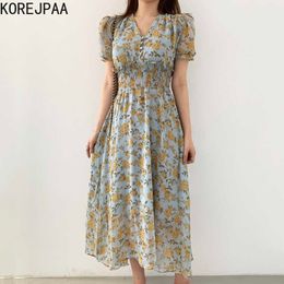 Korejpaa Women Dress Summer Korean Chic Retro Gentle V-Neck Full-Screen Flower Single-Breasted Pleated Puff Sleeve Vestidos 210526
