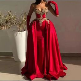 Aso Ebi 2022 Red Prom Dresses with Detachable Skirt Appliques Satin Mermaid Party Dress Gorgerous Arabic Evening Gown