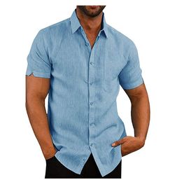 QNPQYX Men's Casual Blouse Cotton Linen Shirt Loose Tops Short Sleeve Tee Shirt Spring Autumn Summer Casual Handsome Men Shirts
