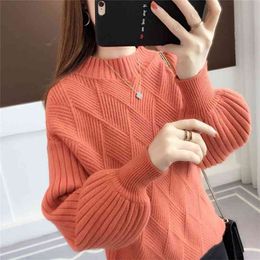 Sweater Women's Half-high Collar Korean Loose Autumn And Winter Pull-up Bottoming Shirt Bubble Sleeve 210427