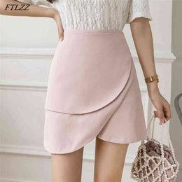Spring Summer Women Ruffles High Waist Mini Skirt Casual Female A-line Black Pink Asymmetrical Ladies Short Skirts 210430