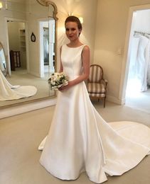 Simple Boho A-line Jewel Backless Wedding Dress Chapel Train Ivory Satin Bridal Dresses Bow On Back 2022 Bride Country Wedding Gowns