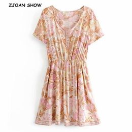 Bohemian O neck Orange pink Flower Print Dress Ethnic Woman Summer Short Sleeve Elastic Waist dress Dresses 210429