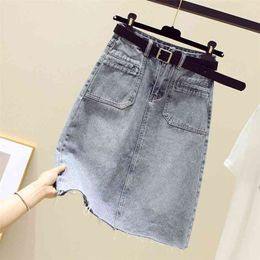 Summer Women Cowboy Skirt Spring Solid Colour Casual High Waist A-line s Simplicity Slim Denim With Belt 210430