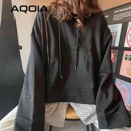 Autumn Streetwear Female Pullover Oversize Patchwork Fake Two Pieces Women Sweatshirt Hoodies Zipper Plus Size Clothing 210521