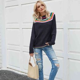 Women Rainbow Striped Collar Sweater New Casual O-Neck Long Sleeve Knitted Clothing Top Ladies Puls Size Vintage Sweater 210412