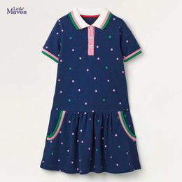 Kids Frocks for Girls Summer Toddler Clothes Navy Blue Colourful Dot Casual Cotton Vestiods Peter Pan Collar Dress for 2-7 Years Q0716
