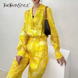 TWOTYLE Casual Yellow Print Trouser Suit Female Lapel Long Sleeve Shirt High Waist Wide Leg Pant's Suits Fashion 210930