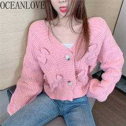 Pink Bow Women Cardigans Solid V Neck Short Kawaii Sweet Sweaters Knit Wear Autumn Winter Mujer Chaqueta 18789 210415