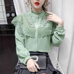 Spring Autumn Women's Shirt Korean Solid Color Lace Stand-up Collar Long-sleeved Top Loose Slim Blouse Tops GX676 210507