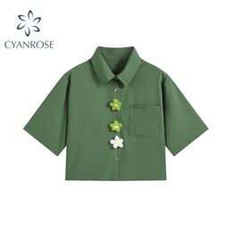 Women Blouses Turn-down Collar Summer Shirts Green Vintage Harajuku Short Sleeve Female Casual Korean Chic Shirt Crop Tops 210515