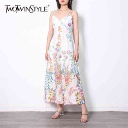Casual Print Dress For Women Square Collar Sleeveless High Waist Side Split Maxi Dresses Female Summer Stylish 210520