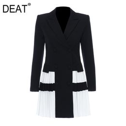 DEAT summer fashion mesh clothing Notched hit Colours pleated patchwork double breasted waist blazer WL38701L 210428