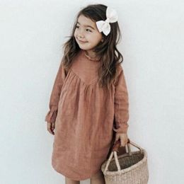 Spring Toddler Baby Girl Long Sleeve Clothes Girls Casual Dress Floral Collar Linen Cotton Dresses Children Clothing 210429