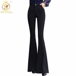 Mulheres Summer Sping Moda Sólida Calças Pretas Senhoras Elegante Bottom Ruffles Calças S M L XL 2XL Comprimento Completo 210520