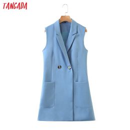 women blue long waistcoat vest coat with buttons office ladies sleeveless blazer double breasted top QW22 210416