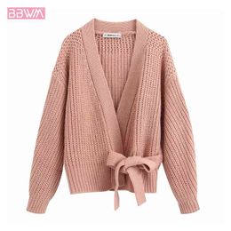 Harajuku Sweet with Belt V-neck Sweater Lazy Chic Female Cardigan Long Sleeve Warm Simple Women's Sweater 210507