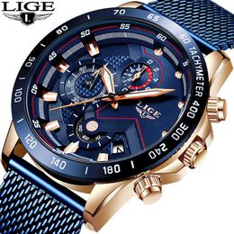 LIGE Blue Full Steel Mesh Belt Business Watch Mens Watches Top Brand Luxury Fashion Quartz Gold Clock Relogio Masculino 210527