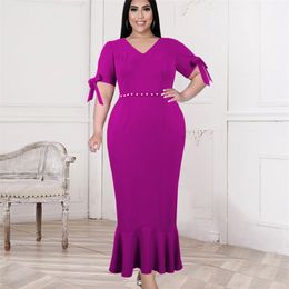 Long Dresses for Women V Neck Bodycon High Waist Beads Short Sleeve Ruffles Office Birthday Evening Party Robe Plus Size 4XL 5XL 210527