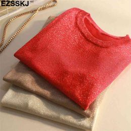 Summer Glitter T Shirt Women bling Knitted loose Short Sleeves op O-Neck shiny shirt Slim Kintwear Female -shirt 210720