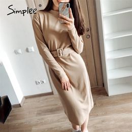 Straight Women Warm Knitted Long Sleeve Midi Autumn Chic Streetwear Solid Belt Ladies Work Dress 210414