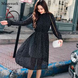 Autumn Dresses for Women Slim Mid-calf Dot Elegant Casual Long Sleeve Chiffon Pleated Party Vestidos 7160 210512