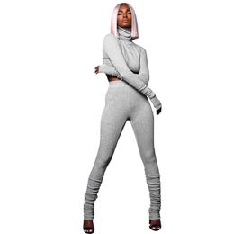 Autumn Winter Knitted Tracksuit Womens Two Piece Outfits Turtleneck Long Sleeve Crop Top Tunic Skinny Pencil Pants Trousers Sets 210525