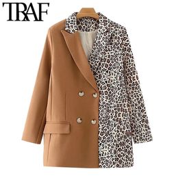 TRAF Women Fashion Leopard Print Patchwork Blazer Coat Vintage Long Sleeve Pockets Female Outerwear Chic Tops 210415