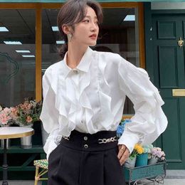 Summer Retro Wild Ruffles Blouse Women Shirt Turn Down Collar Butterfly Sleeve Elegant Blouses Streetwear Tops Blusa 210416