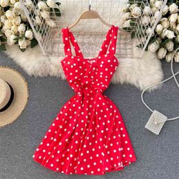 Summer Temperament Fashion Vestidos Female Wave Point V-neck Open Back Large A-line Sling Bottoming Mini Dress GK008 210507