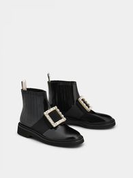 With Box Women Shoes Luxury Designer Brand Ankle Boots Roge.r Viv Rangers Strass Buckle Chelsea Booties Low Heel Almond Shaped Toes Patent Leather EU35-40