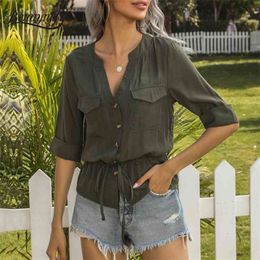 Notch Neck Solid Drawstring Waist Shirts Women Fashion Summer Casual Pocket Half Sleeve Button up Shirt Tops 210510