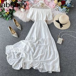 Off Shoulder Dress Summer Fairy Beach Dress Boho White Long Sexy Dresses For Women Party Elegant Korean Ruffle Clothes Red 210715