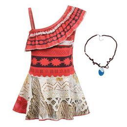 Kids Girls Clothes Cosplay Princess Dress Moana Children Vaiana Girls Party Costume Dresses with Necklace Girl Set Q0716