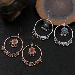 Bohemian Ethnic Earrings Geometric Round Big Circle Turquoise Beads Tassel Dangle Earrings For Women Vintage Jewellery Pendientes