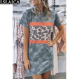 Elegant dress women O-neck leopard Camouflage patchwork print short sleeve runway casual Straight mini party ladies 210515