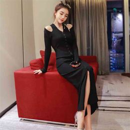 winter knitting Long Dresses Off shoulder single-breasted party sweater dress for women clothing 210602