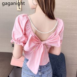 Gaganight Women Sexy Back Bow Bandage Blouse Vintage Puff Slevee Square Collar Crop Tops Elegant Casual Shirts Summer 210519