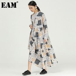 [EAM] Women Pattern Printed Big Size Long Shirt Dress Stand Collar Long Sleeve Loose Fashion Spring Autumn 1DD7206 21512