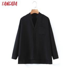 Women Pocket Black Blouse Long Sleeve Chic Female Casual Loose Shirt Blusas Femininas SL527 210416