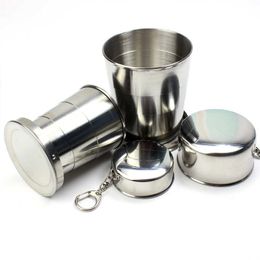 75ml/150ml/250ml Stainless Steel Folding Cup Portable Outdoor Travel Camping Telescopic Cup with Keychain Water Coffee Handcup 210611